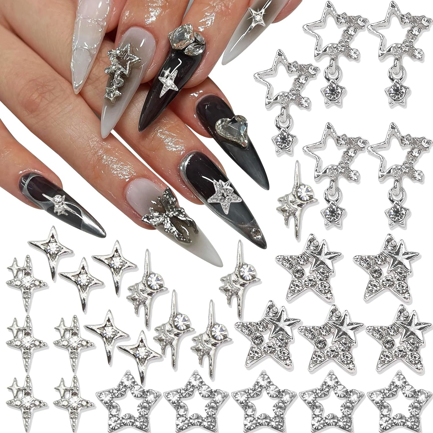 Trending Tech Accessories - 30PCS Silver Star Nail Charms Shiny